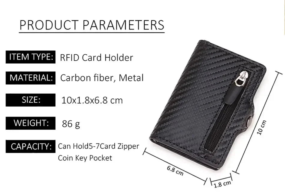 A black slim RFID-blocking card holder wallet made of carbon fiber and metal.