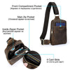 A brown genuine leather men's crossbody bag showing various compartments including a front pocket, main zip pocket, inside zi