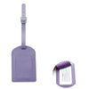 A purple PU leather luggage tag with a strap, featuring a rectangular design and a silver clasp.