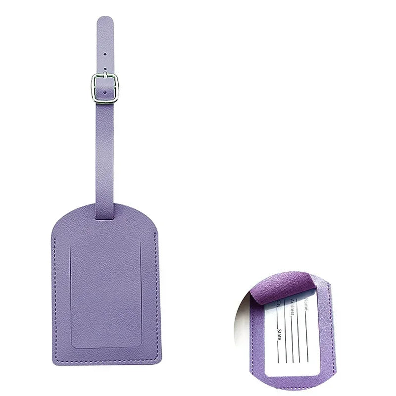 A purple PU leather luggage tag with a strap, featuring a rectangular design and a silver clasp.