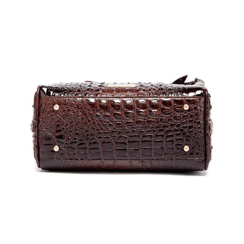 A dark brown crocodile pattern luxury leather crossbody tote bag.