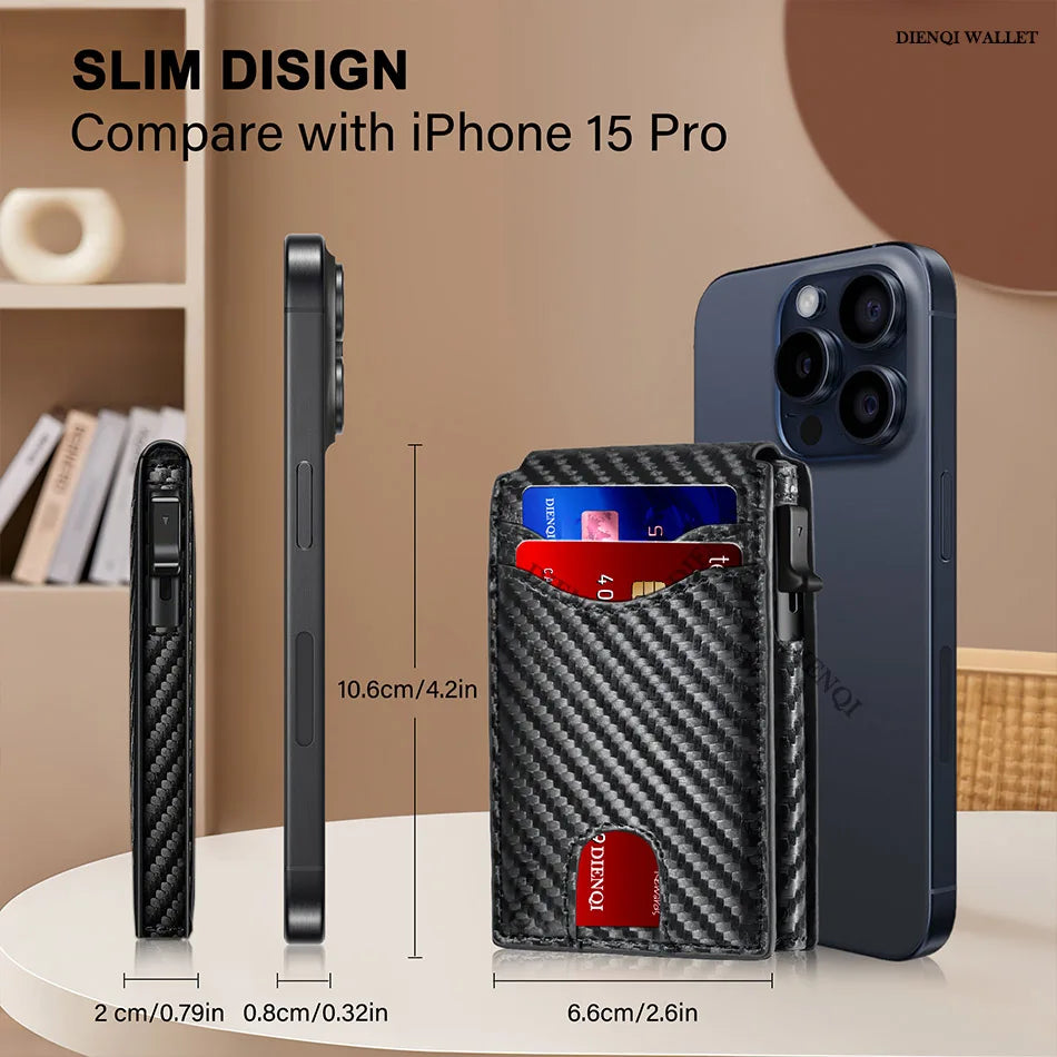 A black carbon fiber slim wallet is shown next to an iPhone 15 Pro for comparison.