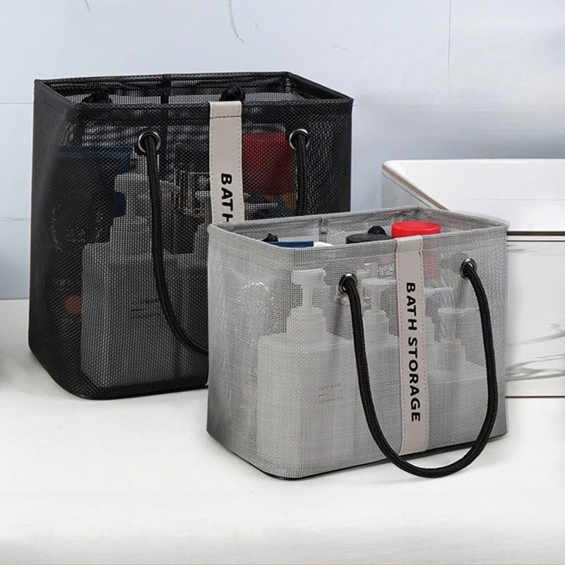 Two gray mesh storage totes with black handles are shown on a white surface.