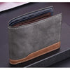 A grey retro PU leather men's wallet with brown stitching and a leather card holder displayed on a dark surface.