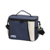 Navy blue insulated reusable lunch bag with a light gray accent panel and black strap.