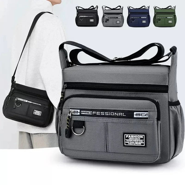 A gray men's crossbody messenger sling bag shown with multiple color options.
