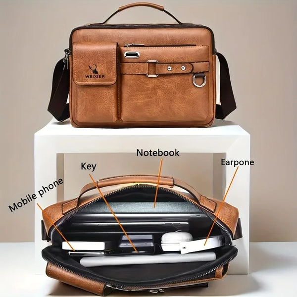 A brown faux leather crossbody bag is shown open, displaying various items like a notebook, key, and earphone inside.