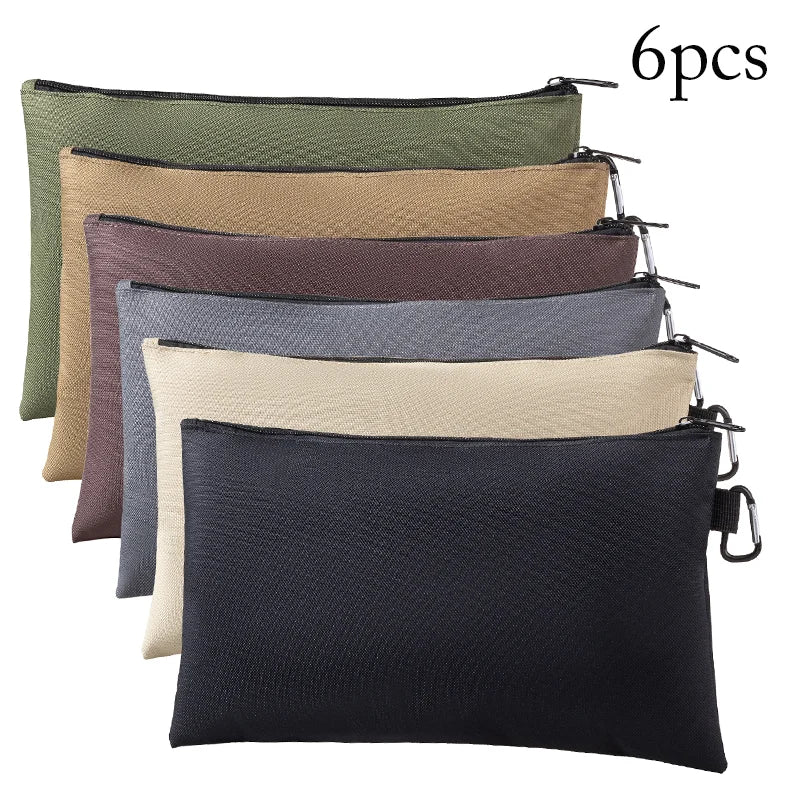 Six multi-functional organizer tool kit bags in various earth tones and shades