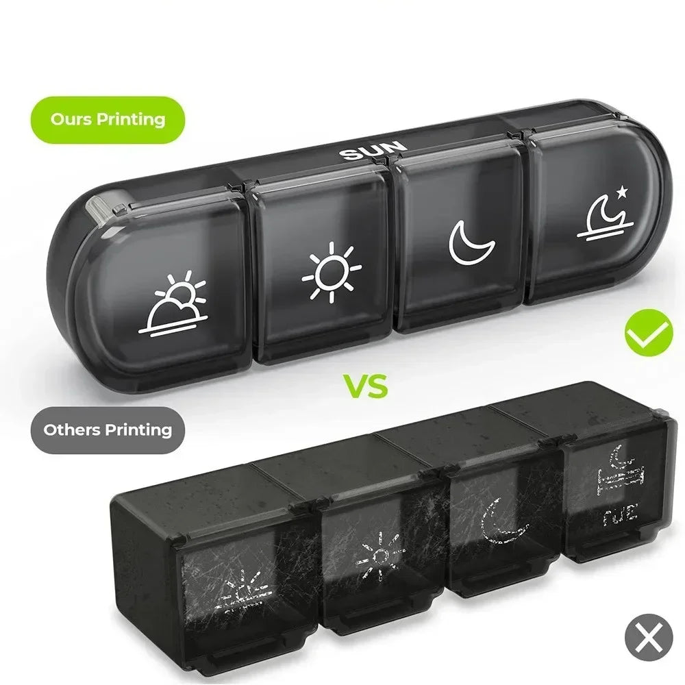 A black weekly pill organizer with seven compartments showing different printing styles for sun, moon, and stars.