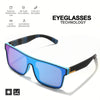 A pair of bright blue square sport sunglasses with black frames and mirrored lenses shown against a white background.