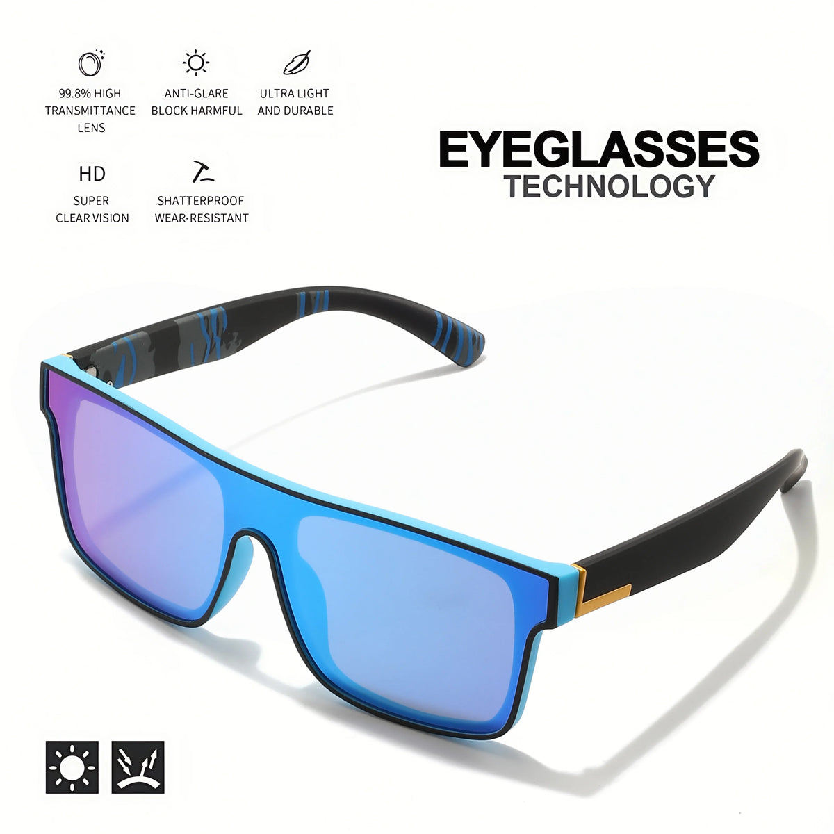 A pair of bright blue square sport sunglasses with black frames and mirrored lenses shown against a white background.