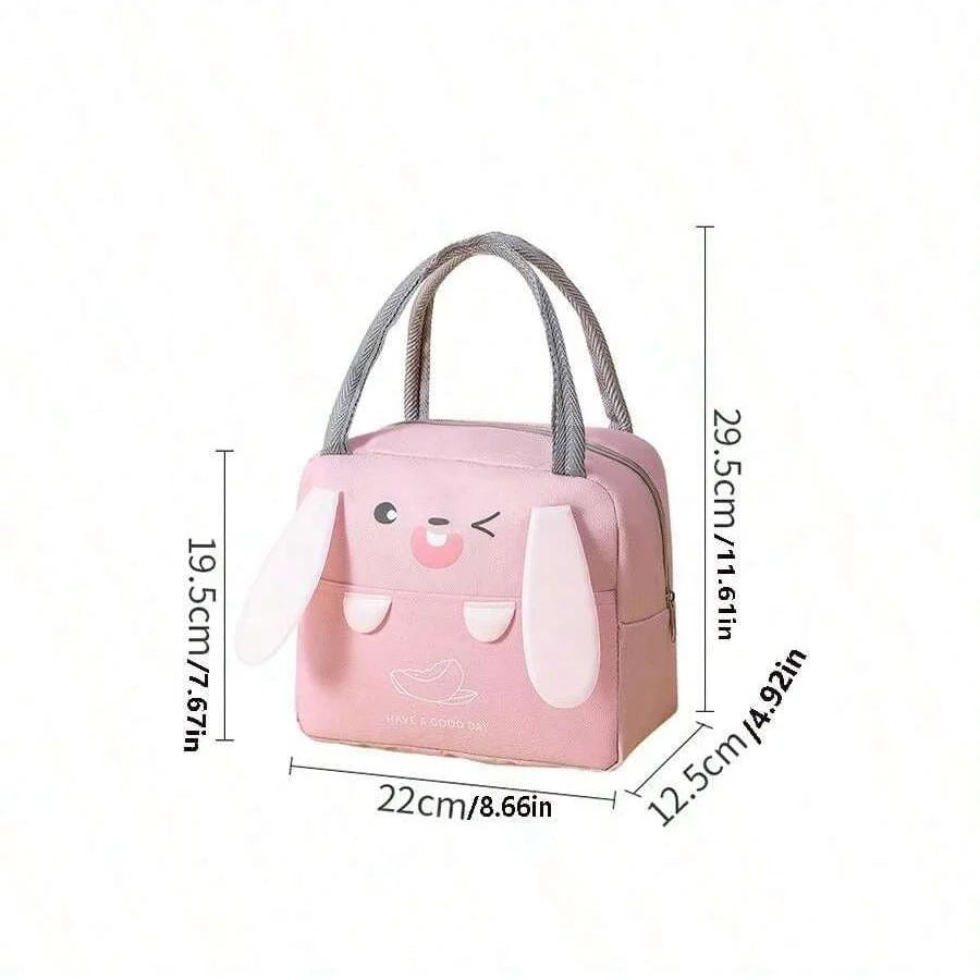 A pink cartoon insulated lunch bag with gray straps and a cute face design.