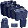 A set of navy blue fabric storage organizers and a matching drawstring pouch.