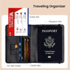 A black passport and card wallet organizer showing slots for a passport, ticket, SIM cards, and various cards.