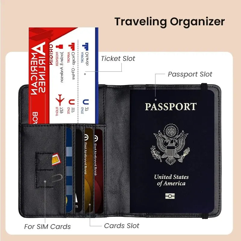 A black passport and card wallet organizer showing slots for a passport, ticket, SIM cards, and various cards.