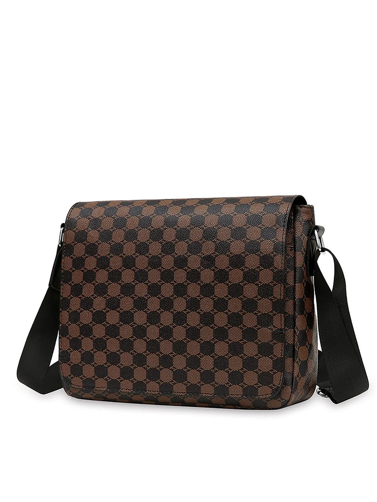A brown plaid crossbody shoulder bag with black trim and strap shown against a white background.