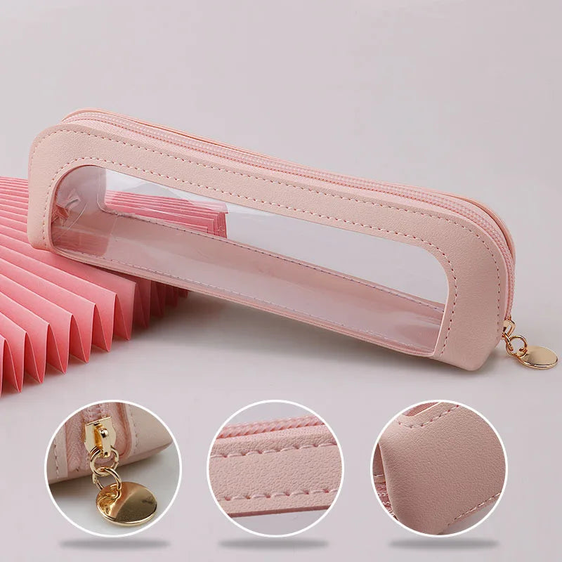 A pink portable transparent cosmetic organizer pouch with a gold charm, shown from the side and close-ups of details.