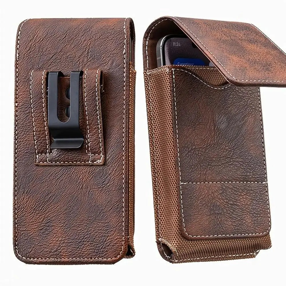 A brown PU leather phone waist pouch with a black belt clip, shown in a closed and open view.
