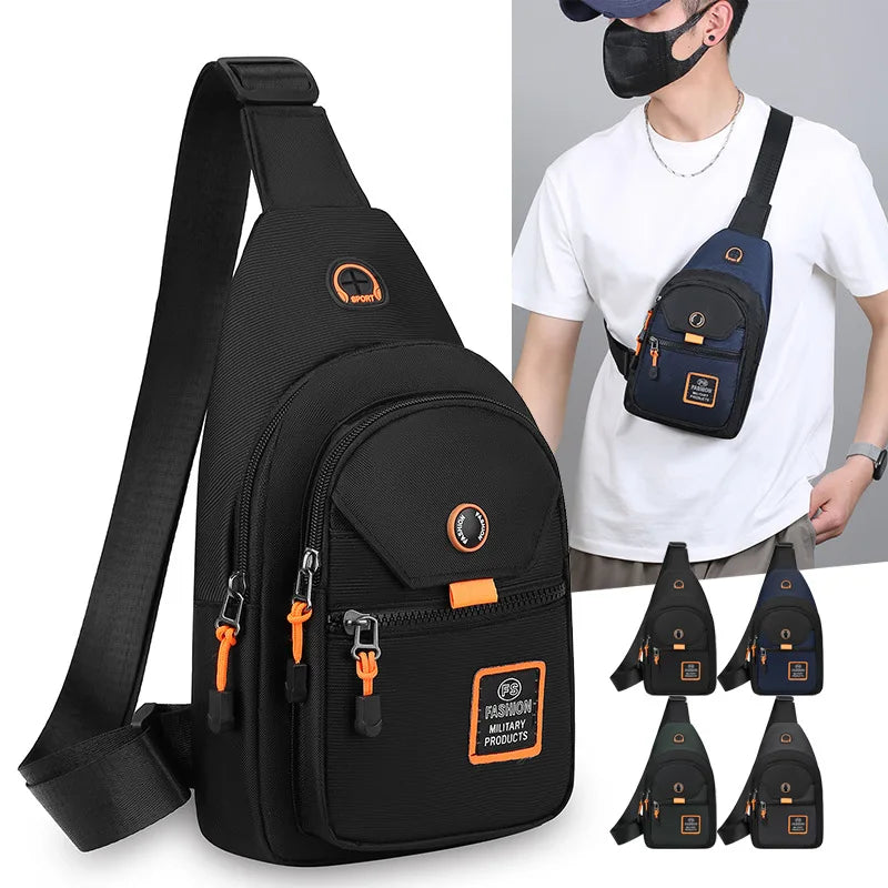 Black compact oxford crossbody sling bag with orange accents shown next to a person