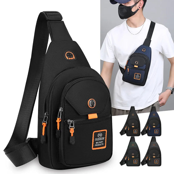 Black compact oxford crossbody sling bag with orange accents shown next to a person
