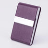 A purple PU leather business card holder with a silver accent strip.