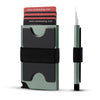 A green RFID blocking metal pop-up card wallet with a black strap and a silver pen.