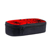 Black pencil case with a red spider web pattern on the lid