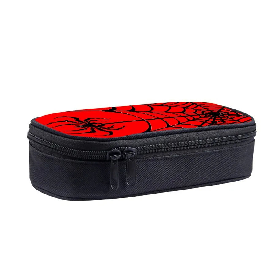 Black pencil case with a red spider web pattern on the lid