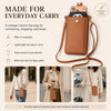 A brown mini PU leather crossbody phone bag worn by a woman, shown in various daily outfit contexts.