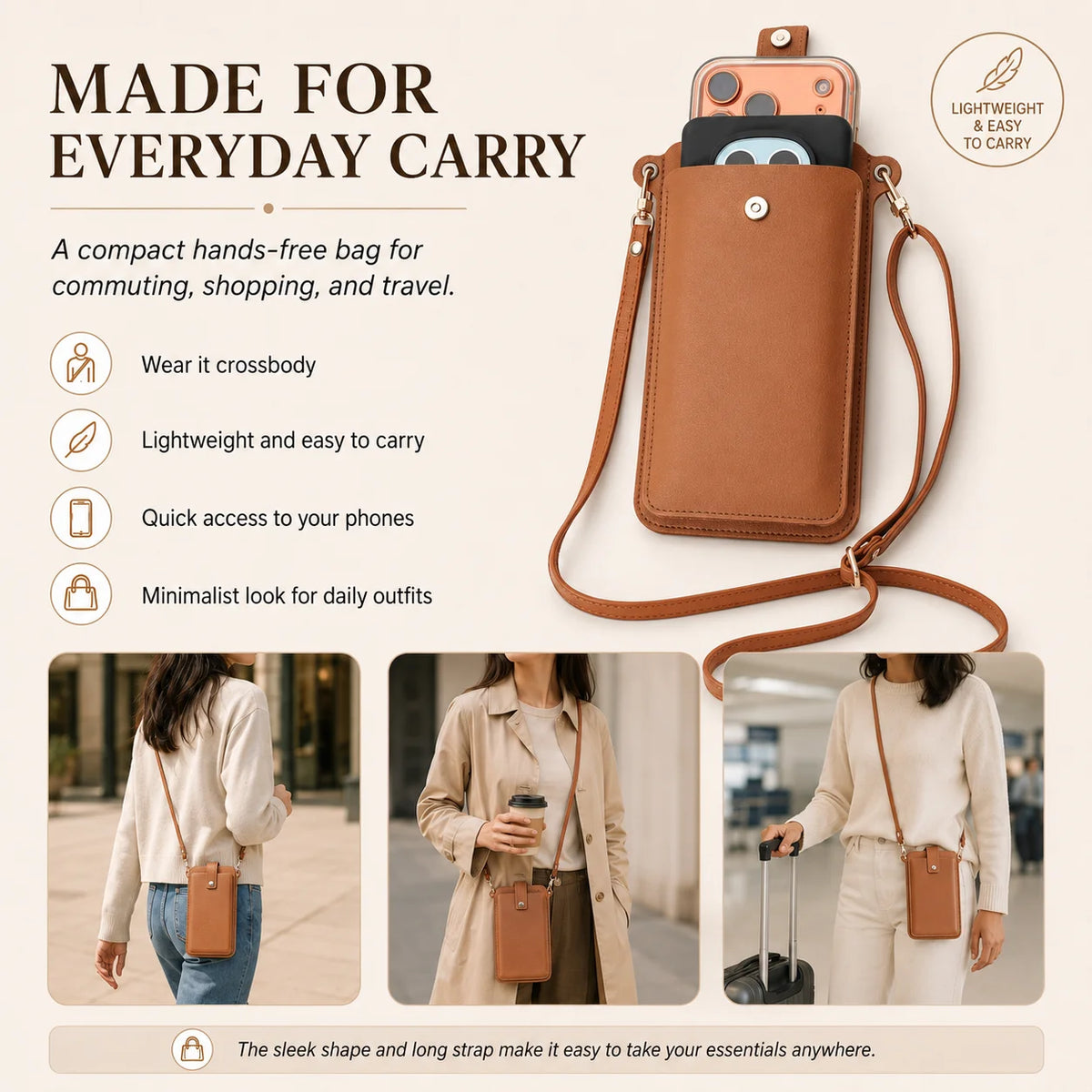 A brown mini PU leather crossbody phone bag worn by a woman, shown in various daily outfit contexts.