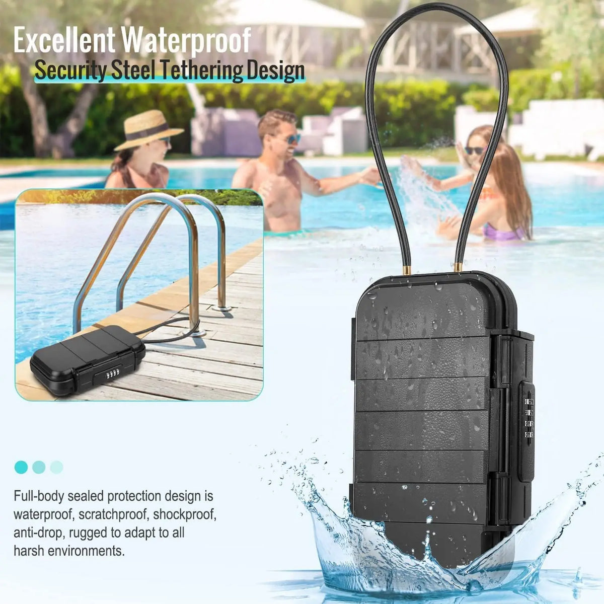 A black security steel tethering design for waterproof protection used in a swimming pool.