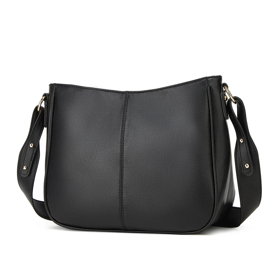 Black PU leather shoulder crossbody bag with a flap closure and gold hardware.