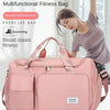 A pink multifunction fitness bag with a top handle is shown next to a woman exercising.
