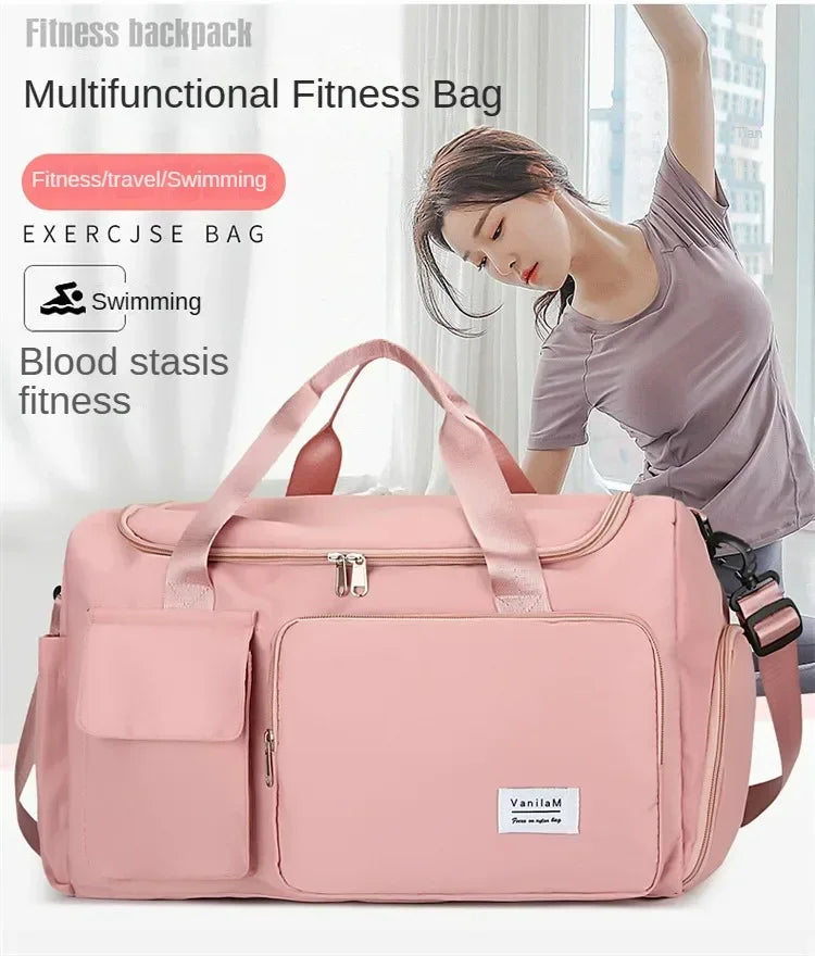 A pink multifunction fitness bag with a top handle is shown next to a woman exercising.