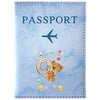 Light blue passport card holder with a vintage letter print design featuring an airplane and a teddy bear.