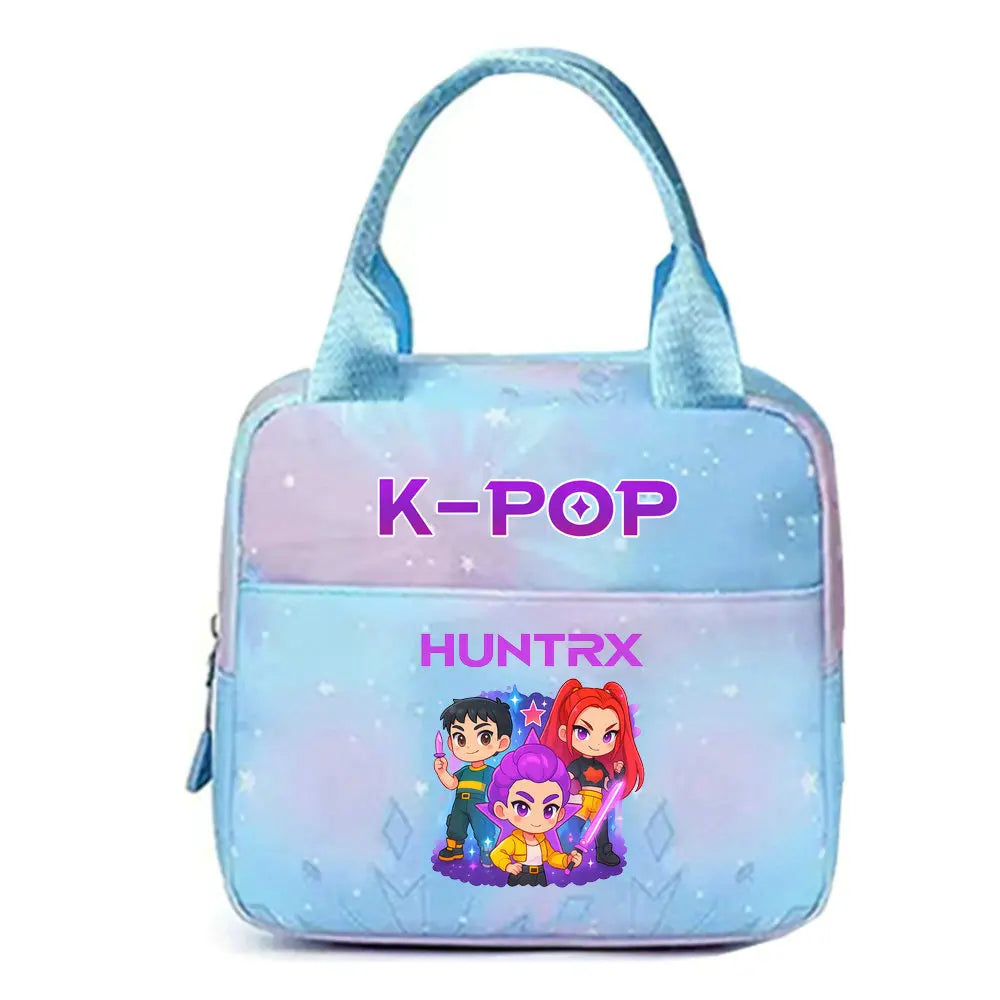 A light blue K-Pop themed insulated backpack featuring a colorful illustration of K-Pop idols.
