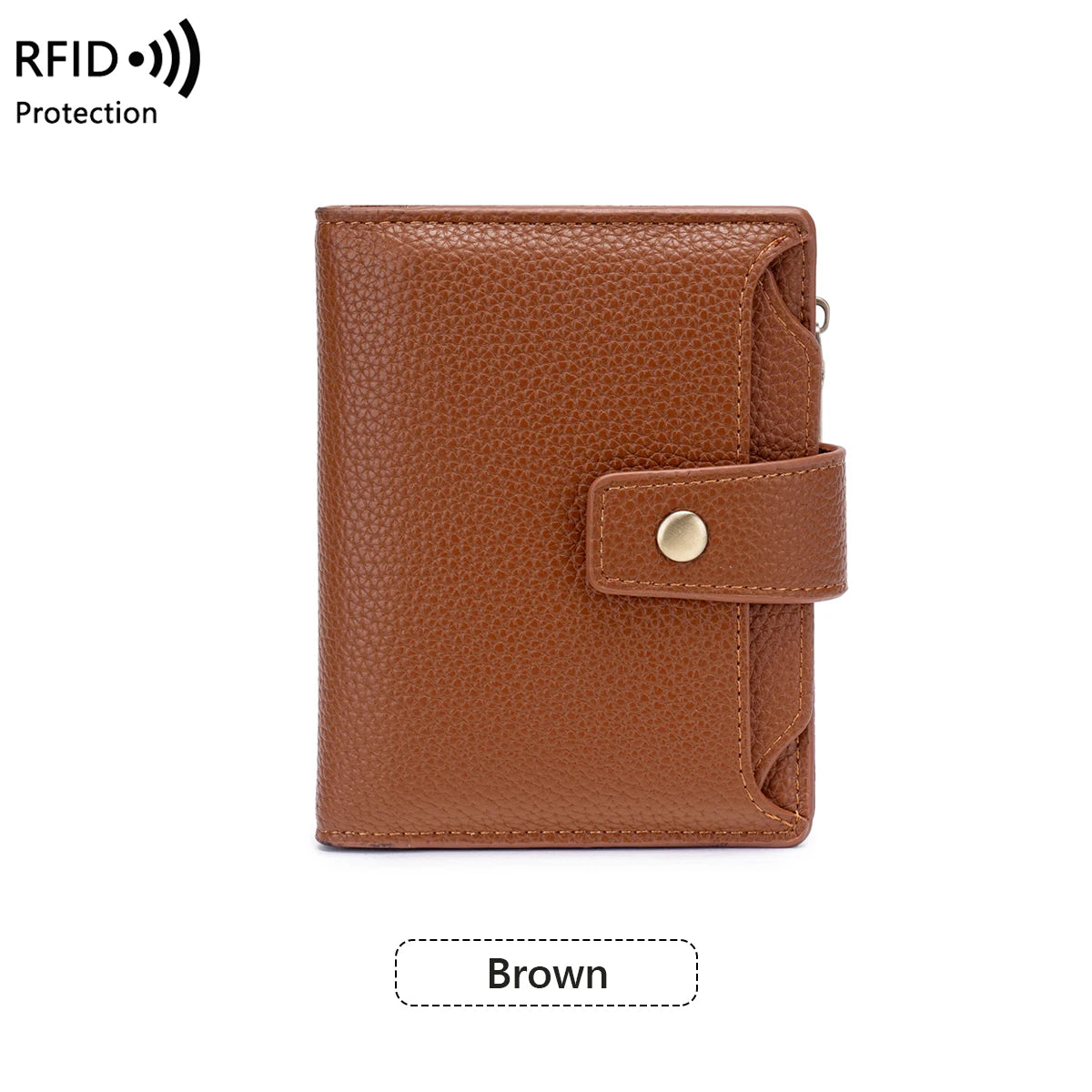 Brown RFID blocking bi-fold card holder wallet.