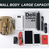 Eine Sammlung taktischer Ausrüstung, darunter eine Tarn-Bauchtasche, ein Handy, ein Notizbuch und ein Smartphone.