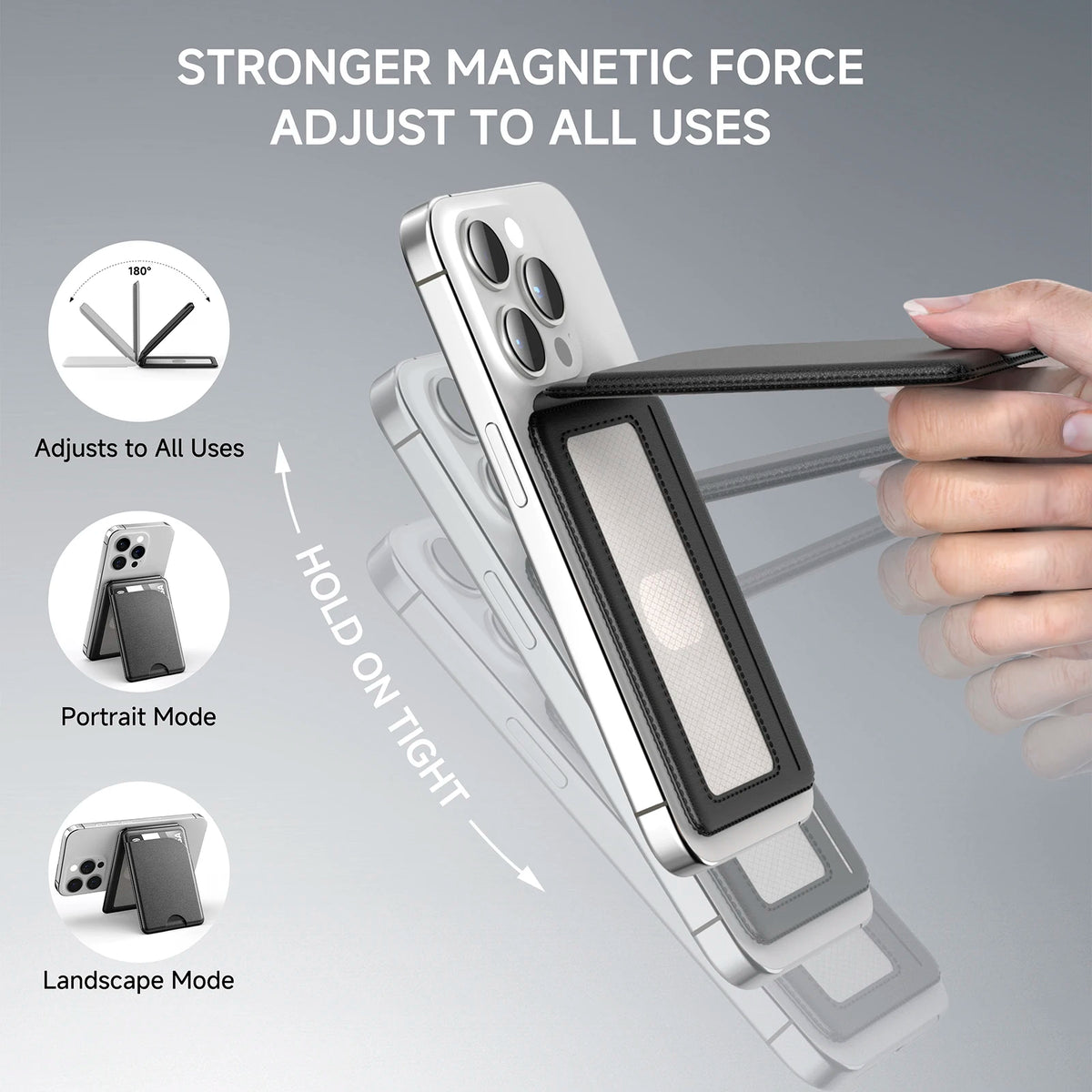 Support de téléphone magnétique argent et noir, ajustant entre les modes portrait et paysage pour iPhone.