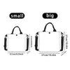 A comparison showing a small and a big white tote bag with black straps.