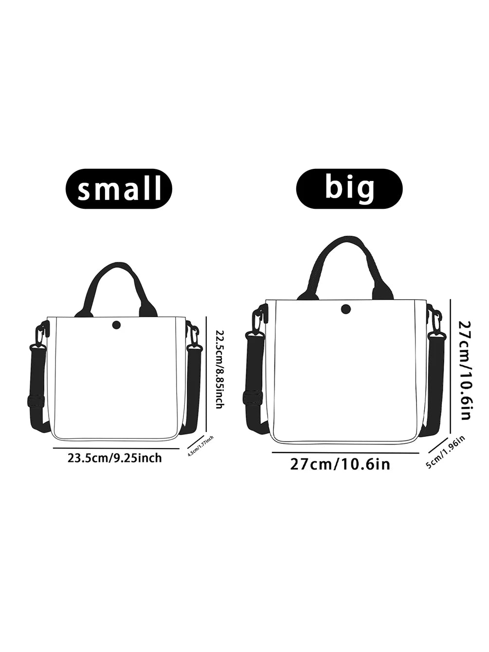 A comparison showing a small and a big white tote bag with black straps.