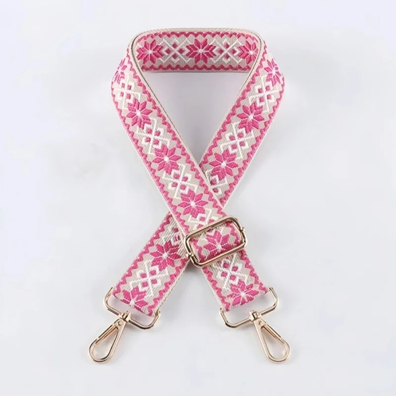Pink and white patterned nylon crossbody bag strap with gold-toned hardware