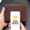 A brown leather wallet with an NFC blocking feature is shown being held over a smartphone screen displaying a scan no data me