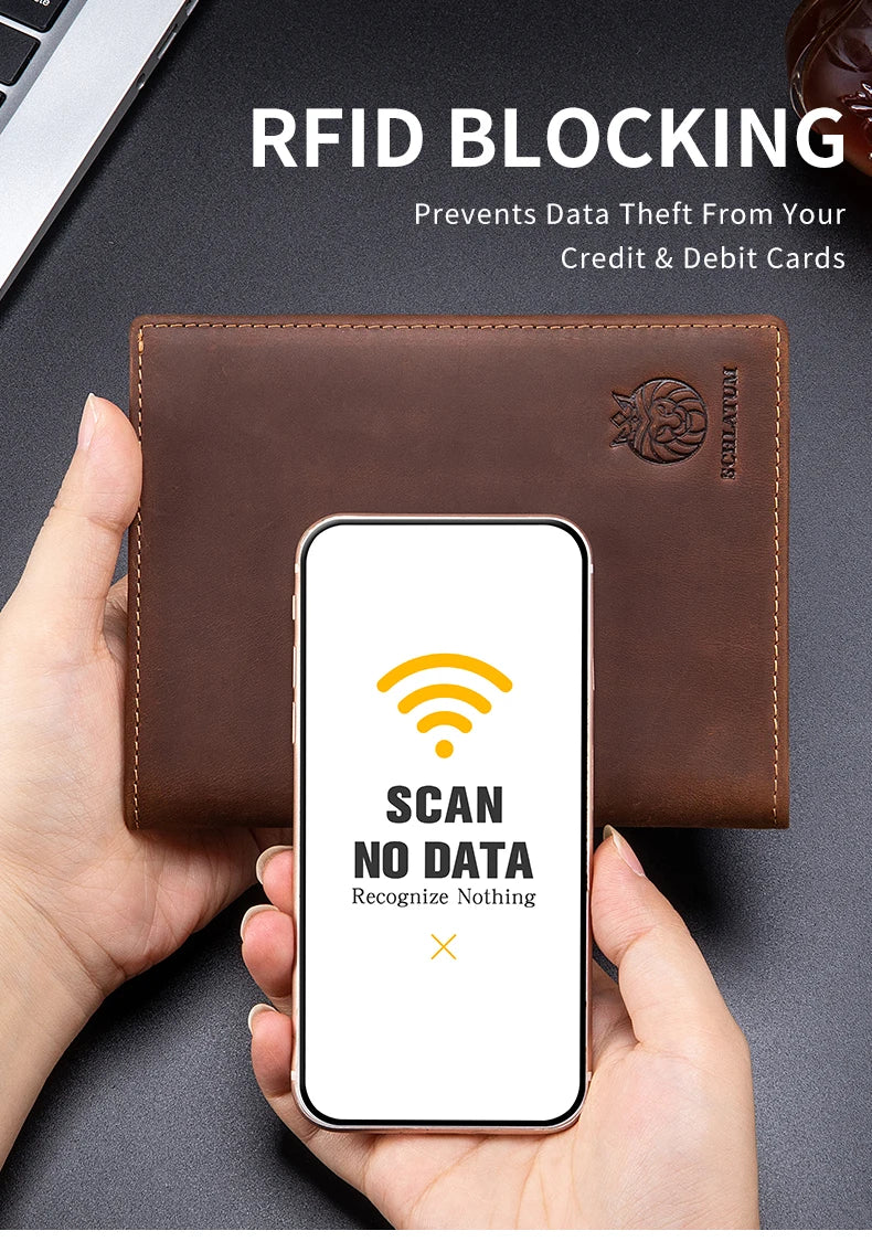 A brown leather wallet with an NFC blocking feature is shown being held over a smartphone screen displaying a scan no data me