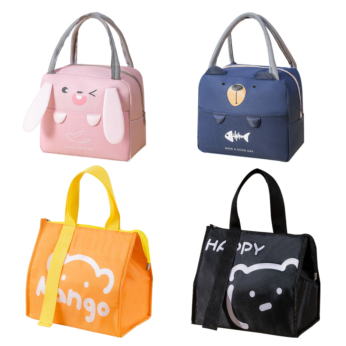 Four cartoon insulated lunch bags in pink, blue, orange, and black with gray handles.