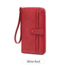 A red PU leather zipper clutch wallet designed for holding phones and cards.
