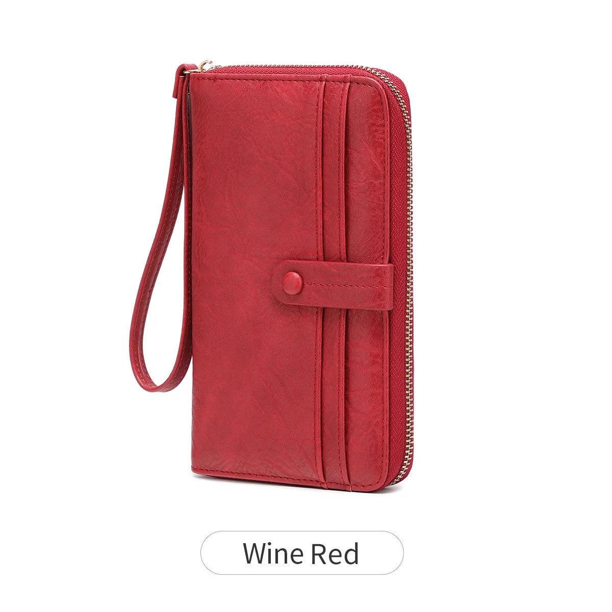A red PU leather zipper clutch wallet designed for holding phones and cards.