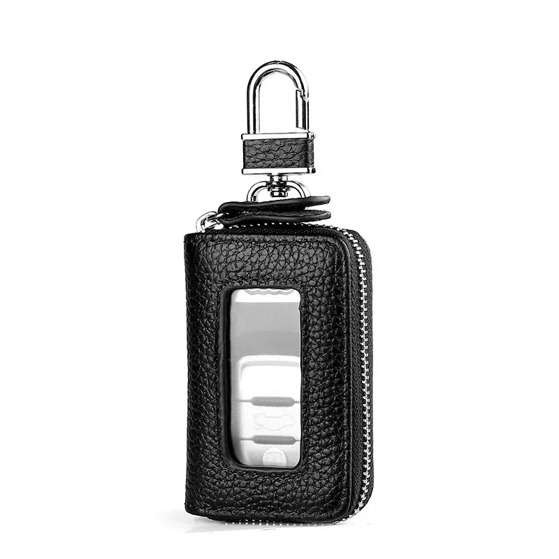 Black leather car key case with a transparent window and a metal padlock.