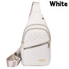 Weiße Damen wasserdichte Crossbody-Umhängetasche mit gestepptem Muster und hellem Beige-Riemen.