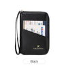 Black RFID-blocking passport wallet with zipper closure and lanyard